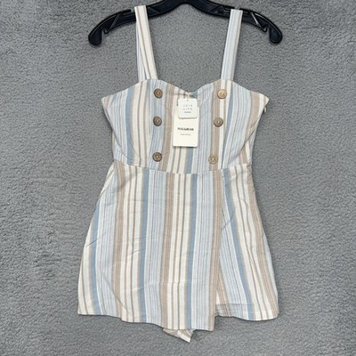 NWT Pull & Bear Jumper Dress Women's Sz S Striped Button Detail Romper Overalls