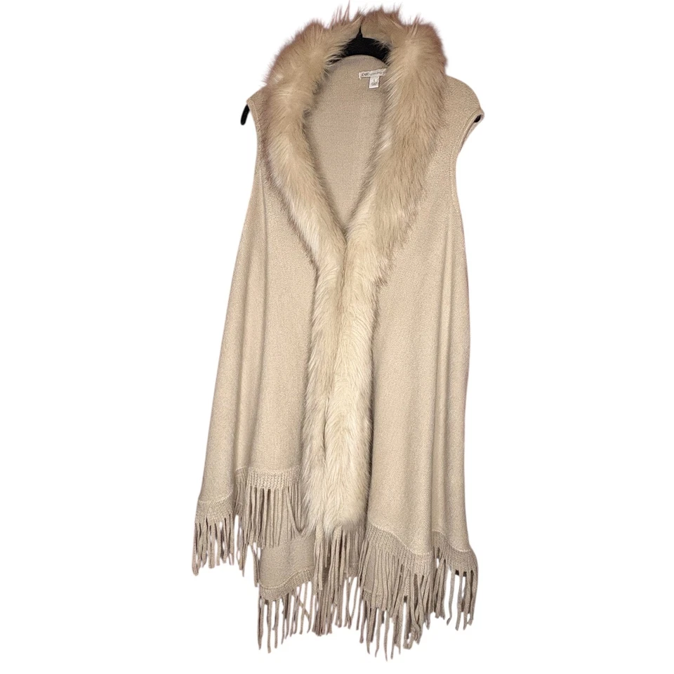 Cato 人造毛皮装饰条纹背心无袖开衫掸子米色 L — 第 4/4 张图片