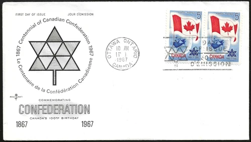 🍁Canada    #453 Pair    "CANADIAN FLAG"      Fine Used   1967 First Day Cover