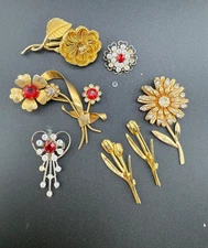 Vintage Rhinestone Brooch Lot Red Flower Gold Tone