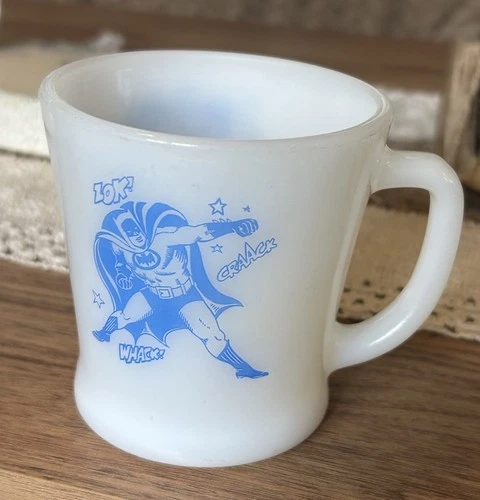 Vtg 1960s Batman Anchor Hocking Fire King Milk Glass Coffee Mug Cup DC Comics