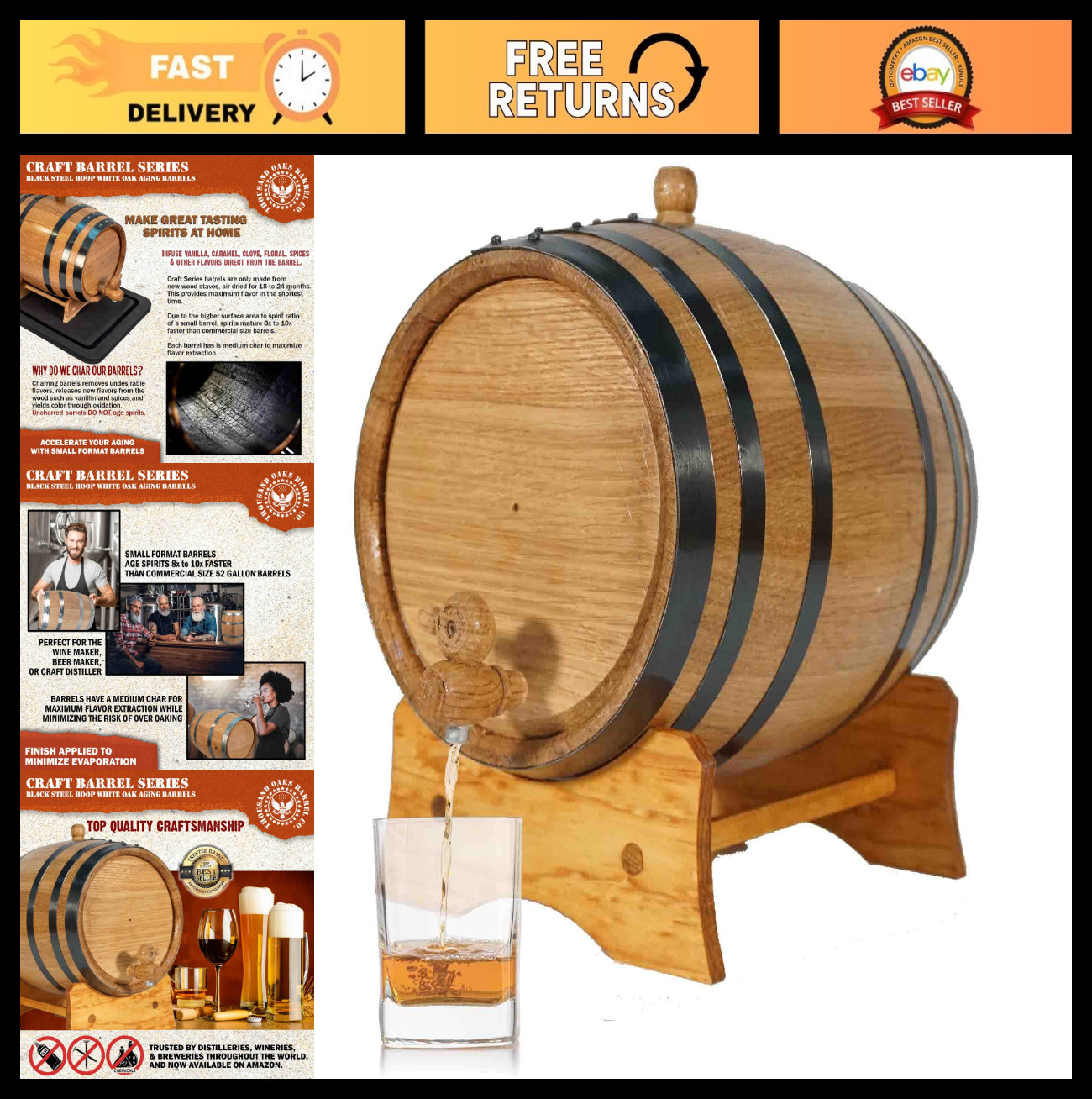 3L Oak Aging Barrel with Stand, Bung & Spigot - Whiskey, Rum, Tequila Decanter,