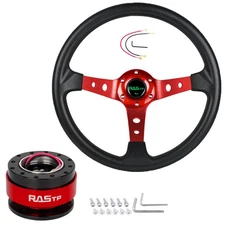 14" Red Racing Steering Wheel+Horn with Ball Quick Release Adapter Kit Universal