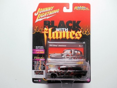 BLACK WITH FLAMES 1957 CHEVROLET AMBULANCE DIE-CAST CAR BY JOHNNY LIGHTNING