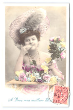 1906 French Actress Postcard Paris Feather Hat Roses Pink Gown Belle Époque