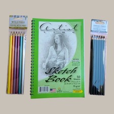 3pc Artist Line Sketch Book With Charcoal  Metallic Pencils Art Set