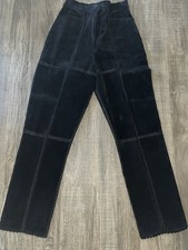 Y2k Suede Leather Pant Black High Waist Patchwork Style Patches Boho 25" Waist