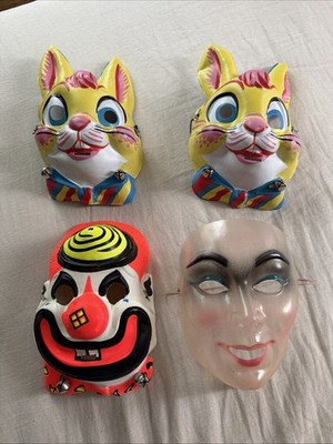 Vtg Ben Cooper Clear Plastic Rabbit Clown Halloween Masks Lot 4 Woman Rare Prop