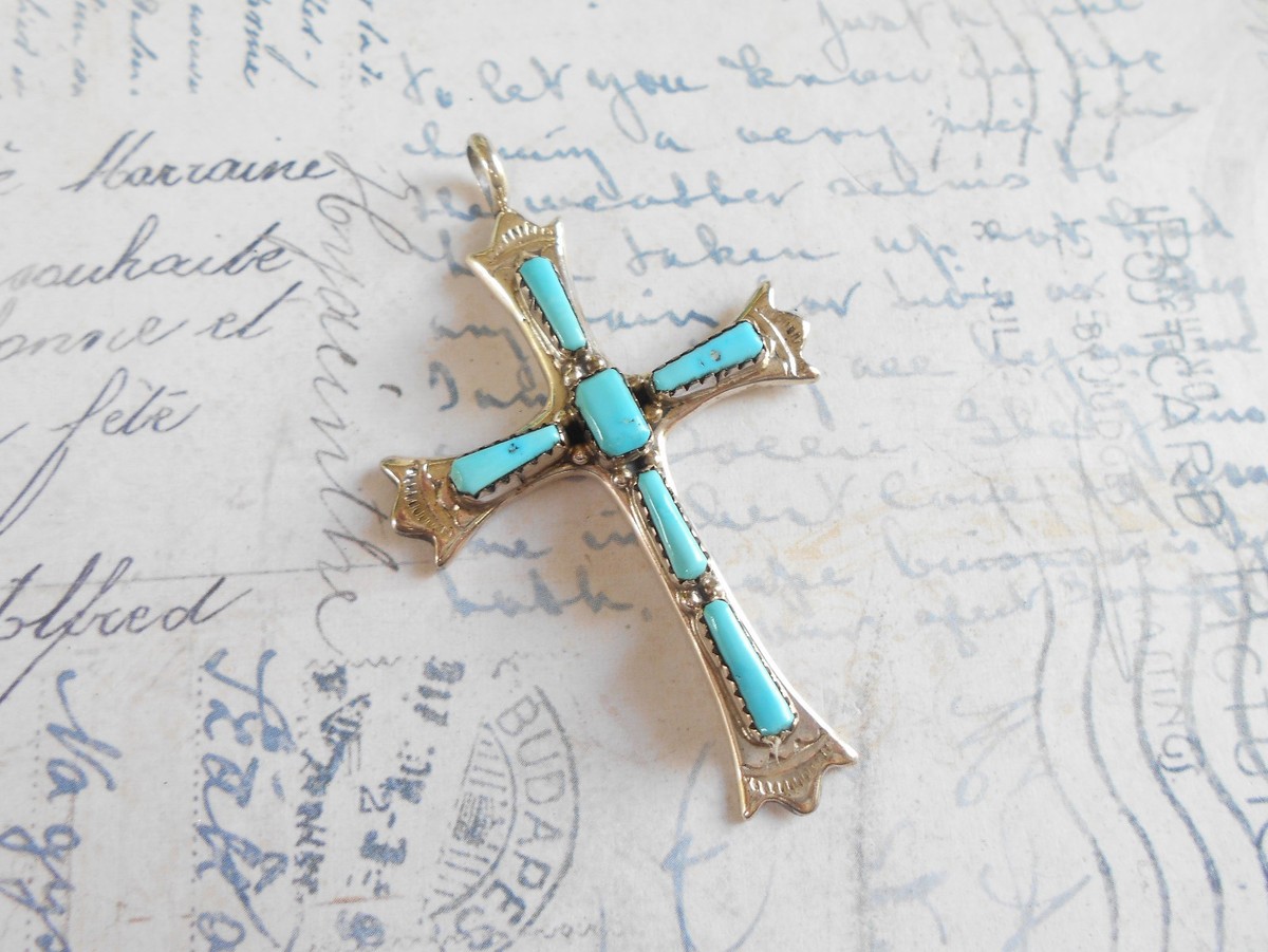 Vintage G&L Leekity Zuni Sterling Silver Turquoise Cross Pendant    9132B View 3