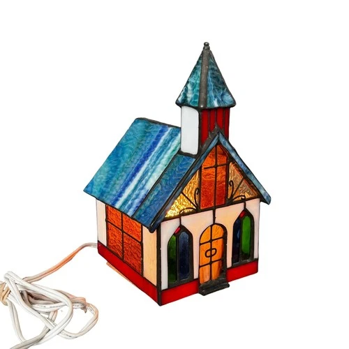 Vintage Tiffany Style Slag Glass Church Lamp Genuine Stained Glass Accent Light