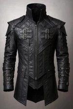 Men’s Gothic Black Leather Jacket with Chains & Buckle Straps | Steampunk Milita