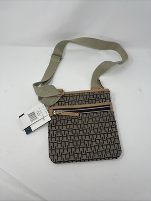 TOMMY HILFIGER Monogram Signature Canvas Crossbody BagZipper Closure Tan/Brown