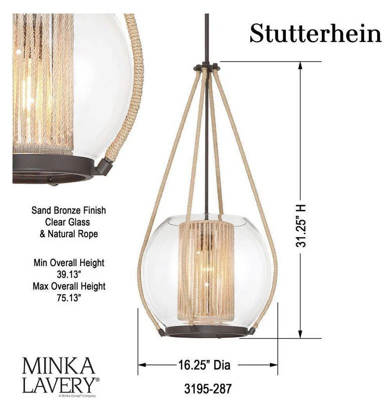 Lámpara colgante Minka Lavery Stutterhein 1 luz arena bronce con pantalla de vidrio Foto 2 de 4