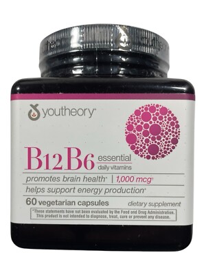 Youtheory B12 B6 - Energy Support/Brain Health - 1000 mcg - 60 caps - Exp 11/26