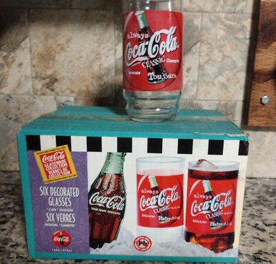 SIX COCA COLA "CAN" DESIGN DECORATED GLASSES 1997. Never used. In original  box! | eBay