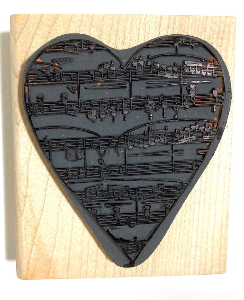Sello de goma de corazón de música montaje en madera estampado 2,5x3" música de amor Foto 3 de 3