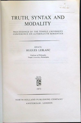TRUTH, SYNTAX AND MODALITY LEBLANC HUGUES NORTH-HOLLAND PUBLISHING COMPANY 1973