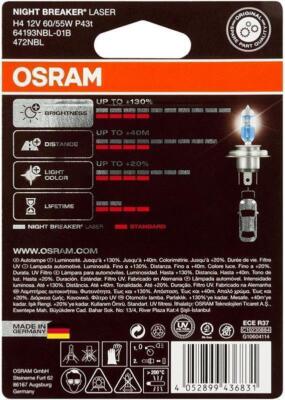 OSRAM Night Breaker Laser H4 Bulb – 12V 60/55W, P43t Socket, ECE Approved, Made In Germany