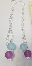 10mm Lt. Blue and Purple Seaglass 3 in. leverback Double Dangle Drop Earrings