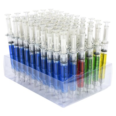 5'' Syringe Pens (Bulk Case of 60 Pieces) Writes in Black Ink. Clear Box Case.