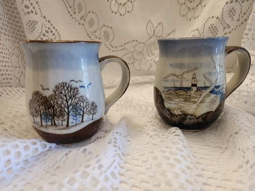 Vintage Otagiri Pottery Mugs Trees And Seascape 4" Set Of 2