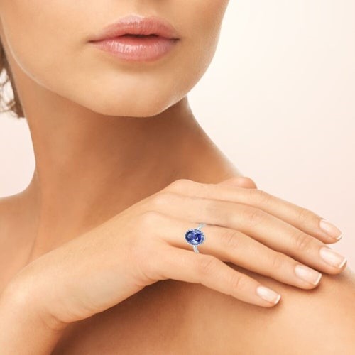 Oval Halo Simulated Tanzanite Sterling Silver Statement Cocktail Ring, Size 6 - Picture 3 of 3
