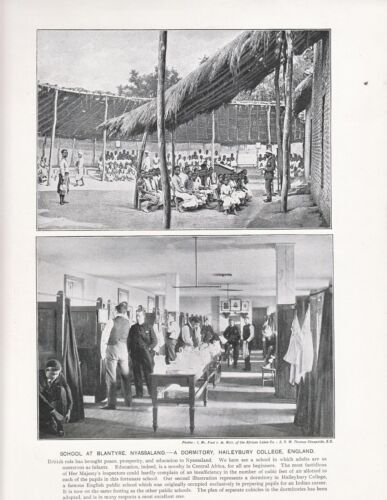 1897 VICTORIAN PRINT ~ SCHOOL AT BLANTYRE NYASSALAND & HAILEYBURY COLLEGE DORM - Picture 1 of 1
