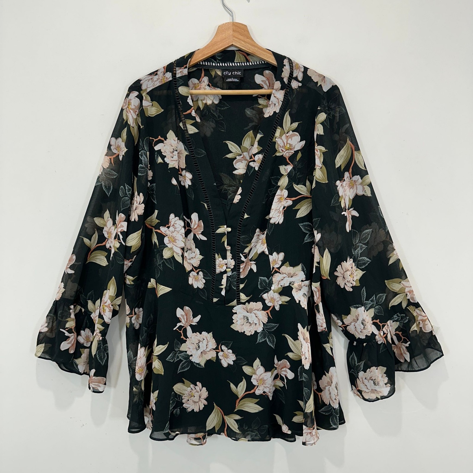 City Chic Blouse Women L (AU 20) Black Floral Sheer V-Neck Ruffle Sleeve (+Cami)