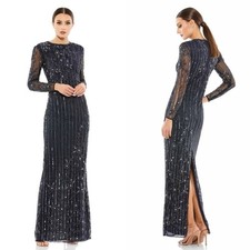 NEW NWT Mac Duggal Embellished High Neck Illusion Long Sleeve Gown Navy SIZE 8