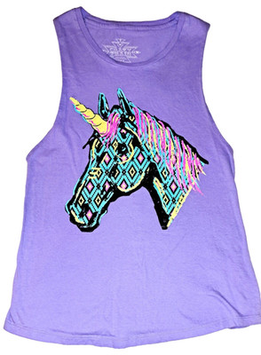 Womens CRAZY TRAIN purple aztec unicorn tank top MEDIUM horse western boss babe