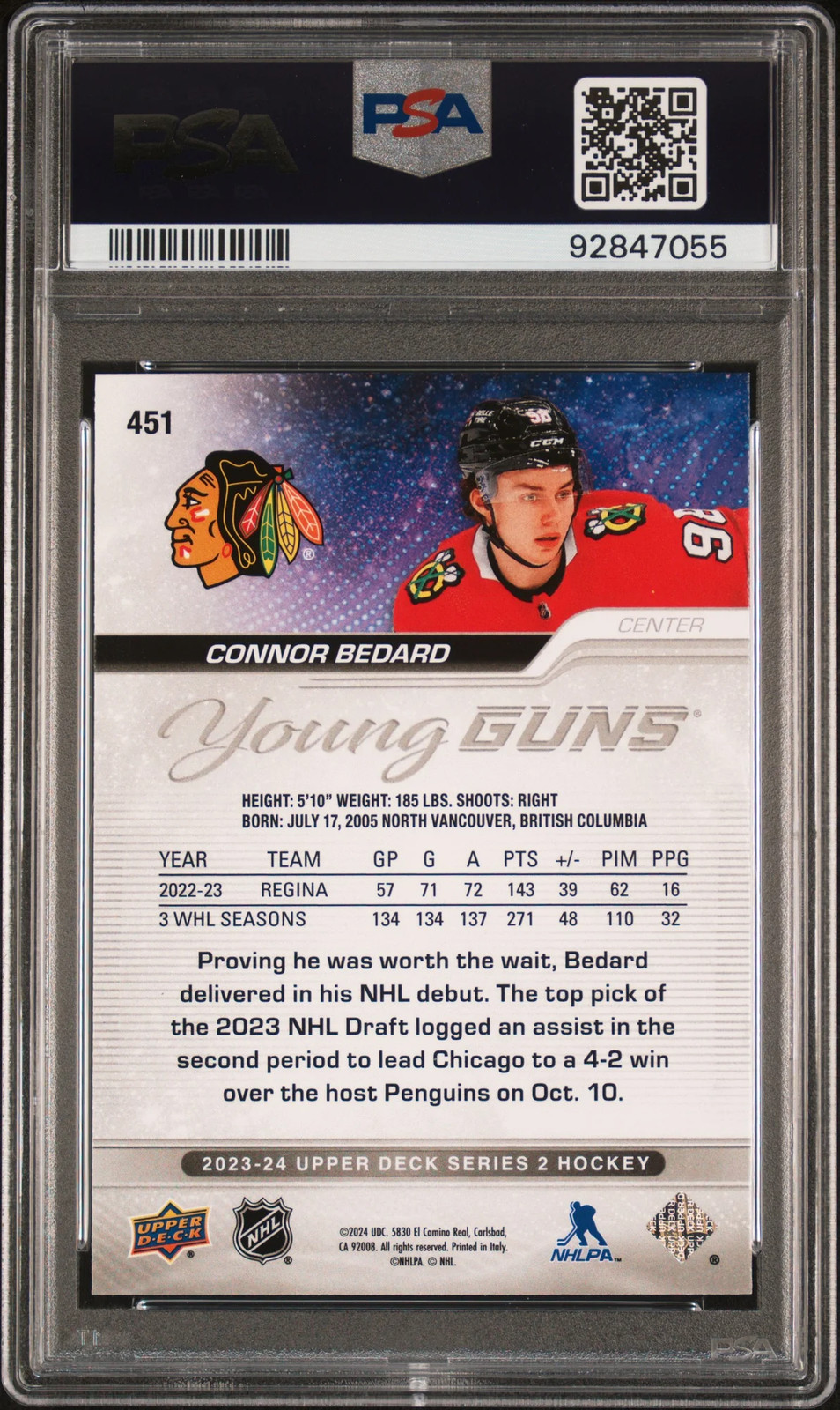 Connor Bedard - 2023 Upper Deck PSA 10 view 2