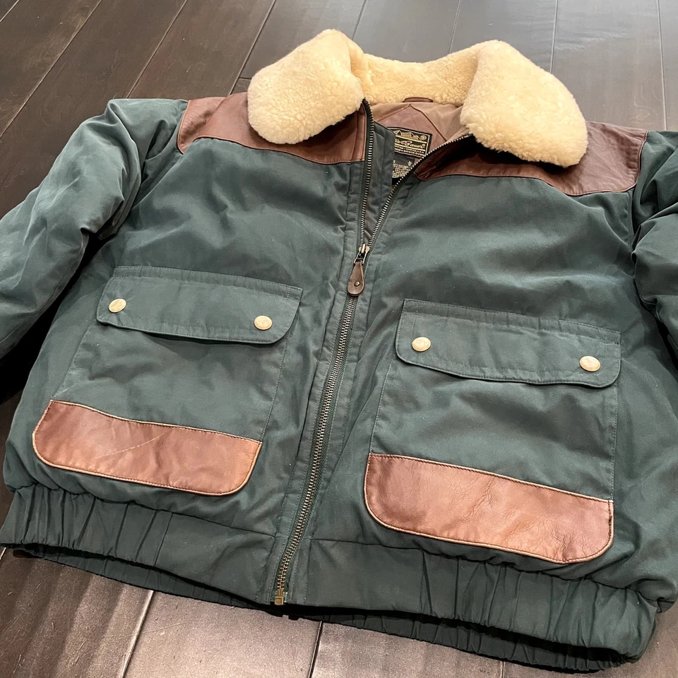 VTG 90s Eddie Bauer Goose Down Jacket Green Leather Shearling Men's Size L - Image 2 of 4
