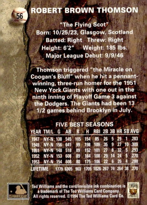 1994 Ted Williams #56 Bobby Thomson - Image 2 of 2