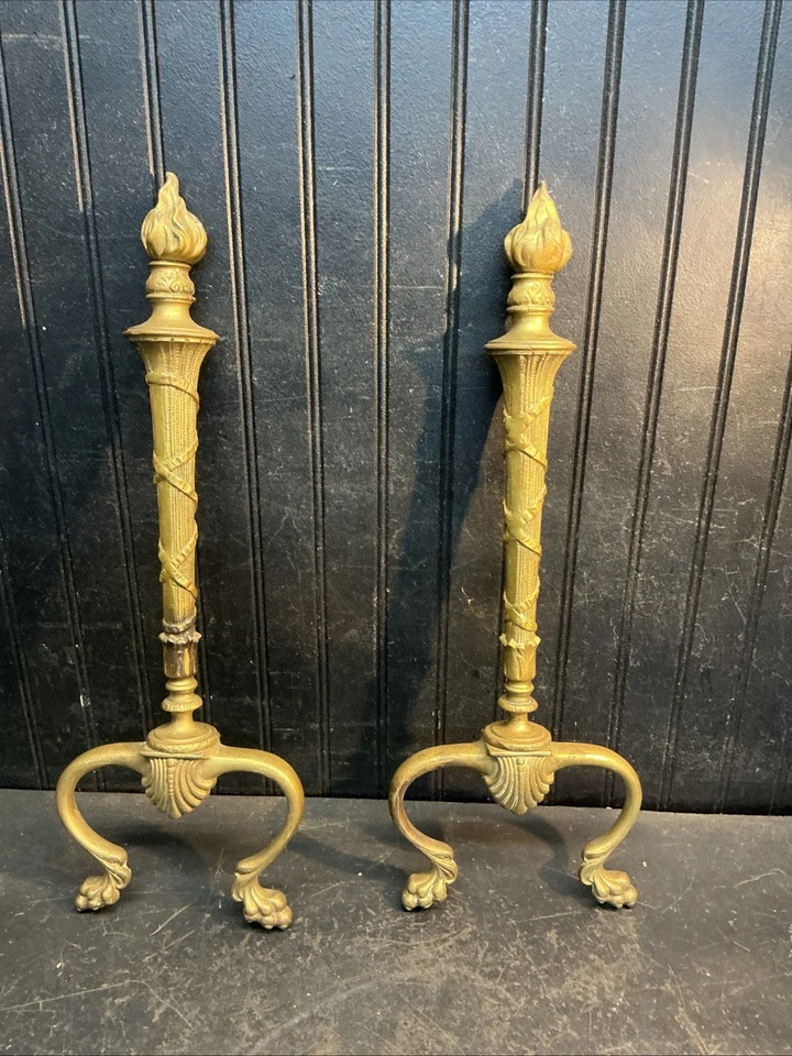 Antique Art Deco 1920s Style Brass Cast Iron Andirons Ornate Detailed Torch 21in - Image 2 of 4