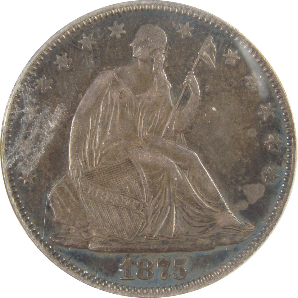 Moneda de 50c de plata de 50 centavos libertad sentada 1875 AU 50 ANACS SKU: I20930 Foto 3 de 4