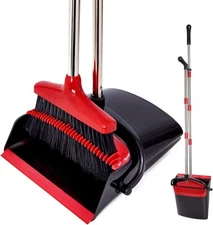 Broom and Dustpan Set with Long Handle, Light Weight Stainless Steel Poles Stand