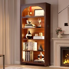 5-Tier LED Arched Bookshelf 70" Tall Bookcase Storage Floor Standing Walnut