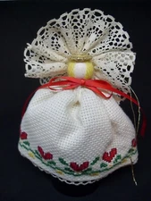 Vintage Cross Stitch Embroidery & Lace Blond Angel Christmas Ornament 5" HEARTS