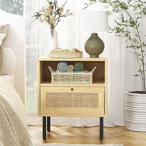 Rattan Nightstands Set of 2, Boho Night Stand with 1 Door, Accent End Wood - Picture 7 of 8