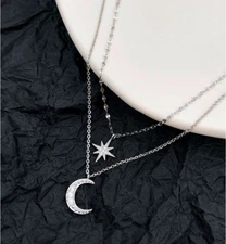 Star Moon CZ Layering Pendant 925 Sterling Silver Choker Necklace Women Box PE55
