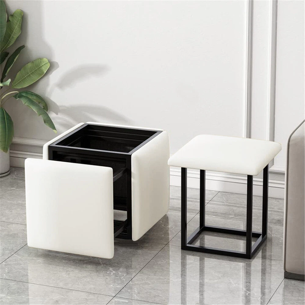 5in1 PU Linen Stacking Cushioned Stools Cube Dining Chairs Kitchen