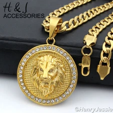 18-40"MEN Stainless Steel 6mm Gold Plated Cuban Curb CZ Lion Head Pendant*GP109