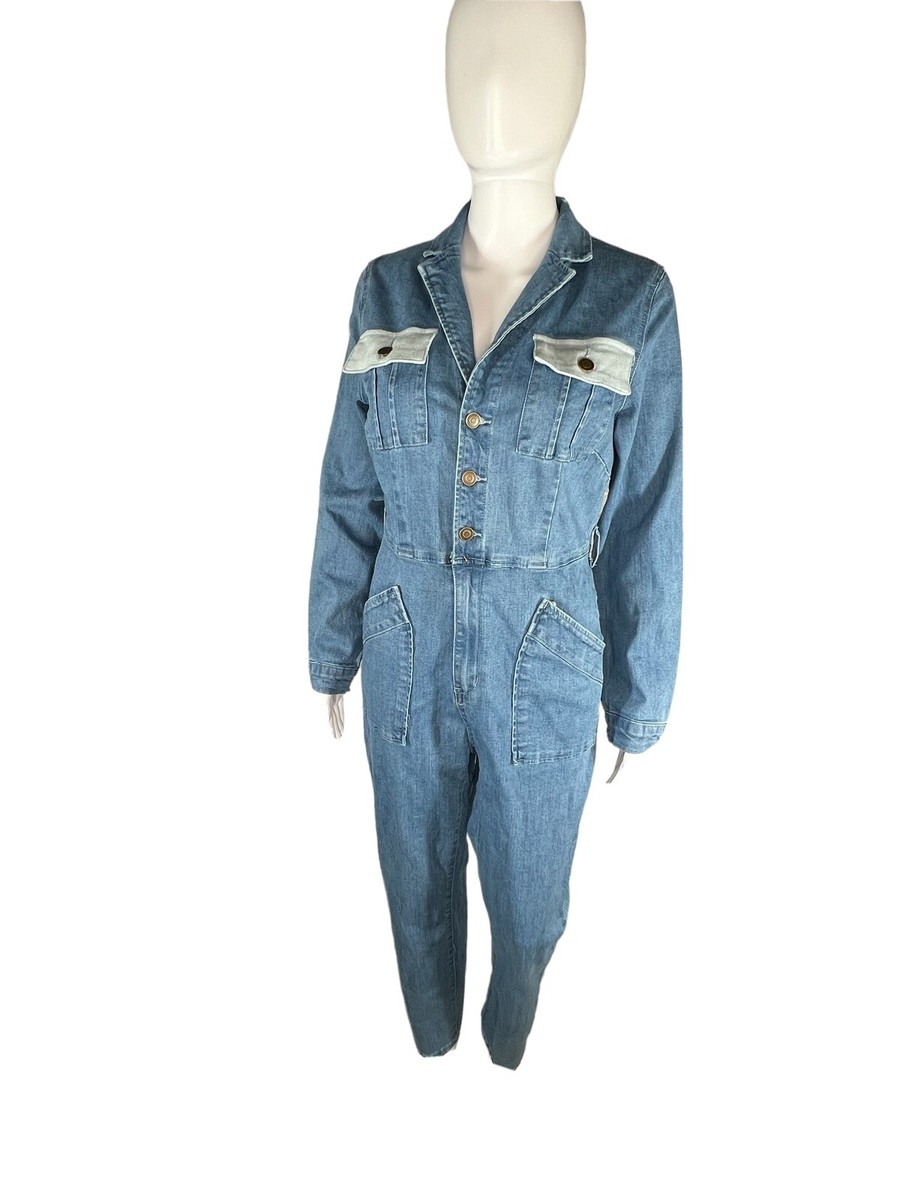 Fashion Nova Denim Jumpsuit Size L tone button front New With