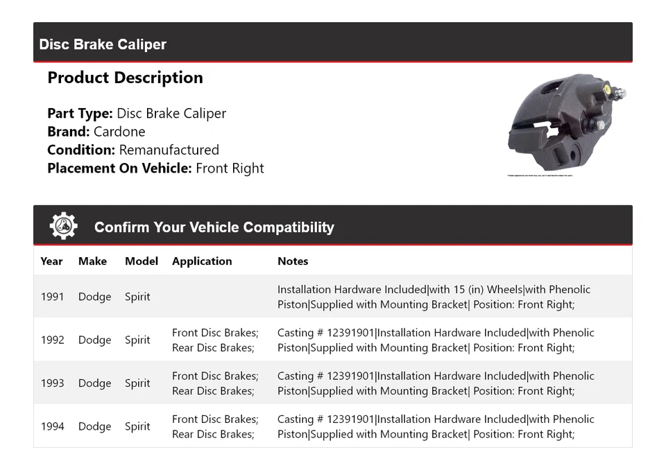 Pinza de freno de disco delantera derecha Cardone 1992 1993 Dodge Spirit 1991-1994 Foto 2 de 4