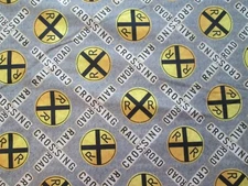 TRAIN SIGNS RAILROAD CROSSING SIGN YELLOW GRAY COTTON FABRIC FQ