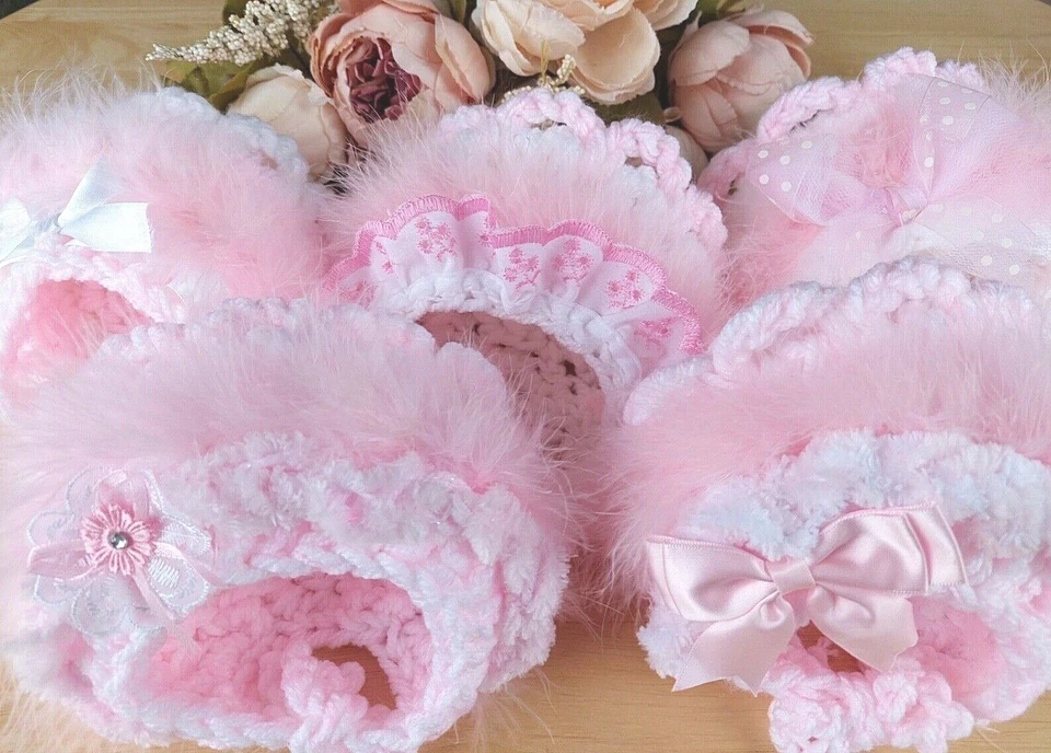 Varios Bebé Tradicional Tejido a Mano Ganchillo Gorro Sombrero Encaje Marabou Volantes NB-3 Foto 2 de 4