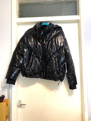 DKNY Damen Hi Shine schwarz wattiert Reißverschluss Daunenjacke UK L 179 $