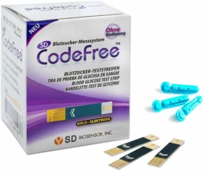 Tiras reactivas de glucosa en sangre SD CodeFree 50 uds. + 50 lancetas de sangre talla 28G