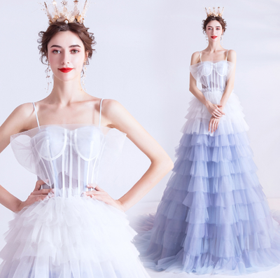 Trendy Gradient Blue Layer Tulle Tiered Dresses Homecoming Evening Prom Gown  | eBay