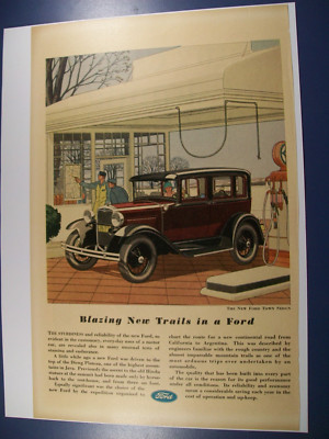 1930 Ford Model A TOWN SEDAN mid-size-mag car ad -get directions at gas station
